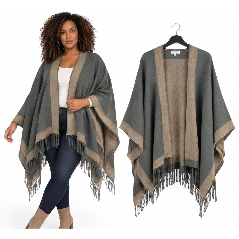 Attitudes by Renee Colorblock Fringe Poncho Cape Shawl Wrap One Size Gray Taupe